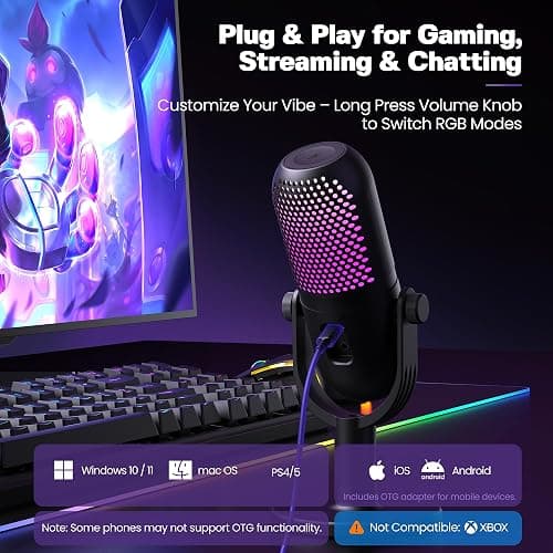 USB Microphone for PC Gaming: Condenser Microphone RGB for Gamer with Stand Mic - Recording Mic for Computer&Laptop with Qiuck Mute - Desk Podcast Mic for Podcast & Singing & Streaming & Youtube Black thumbnail 5