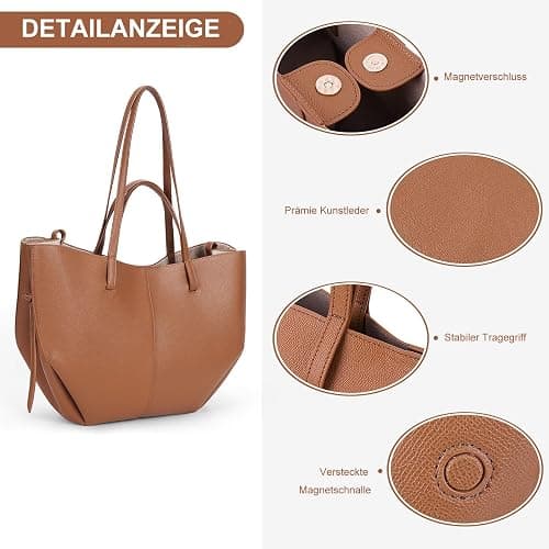TIAASTAP Tote Bag Kunstleder Handtasche Damen Groß Shopper Tasche Elegante Schultertasche Gross Umhängetasche Henkeltaschen Shopper Bag Handbags Tragetasche Beuteltasche für Einkaufen Reisen - Braun Groß thumbnail 7