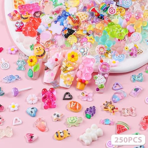 250pcs Kawaii 3D Candy Nail Charms Kit,Y2K Cartoon Gummy Bear Bees Fruit Pineapple Sweet Candy Lollipop Donut Ice Cream Cute Heart Star Bows Mixed Colors Jewelry Nail Embellishments for Nail Art Craft thumbnail 2