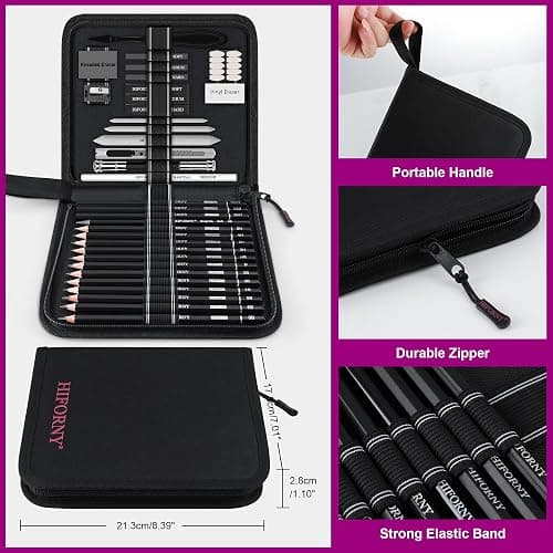 HIFORNY 42 PCS Drawing Set, Sketching Kit with Graphite & Charcoal Pencils, Blending Tools, Erasers & Accessories, Portable Zippered Travel Case for Artists & Beginners thumbnail 3