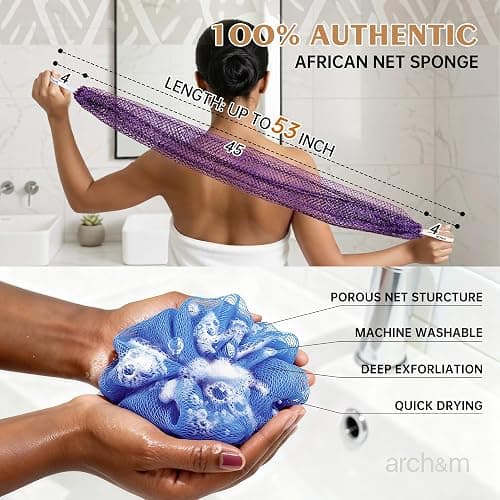 ARCH&M African Net Sponge Authentic 2 Pack - 53" Extra-Long Body Scrubber for Women and Men Daily Use Body Care, Shower Loofah Exfoliating Bath Sponge, Travel Portable Bath Accessories Gifts thumbnail 2