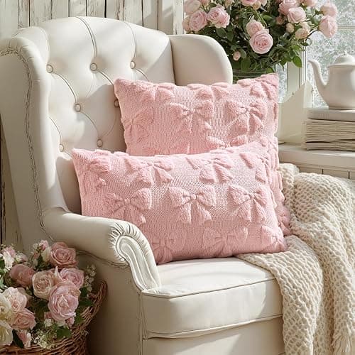 MIULEE Light Pink Bow Pillow Covers Coquette Room Decor Aesthetic Set of 2 Spring Decorative Cute Girl Soft Plush Faux Pillowcase for Preppy Room Decor Bedroom Couch,18x18 Inch thumbnail 4