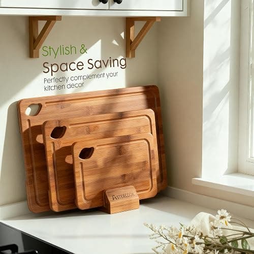 Astercook Deep-Carbonized Bamboo Cutting Boards for Kitchen with Wood Storage Stand, Reversible Charcuterie & Chopping Boards with Juice Grooves and Easy-Grip Handles, Fathers Day Gift for Men thumbnail 2