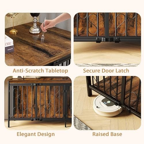COZPAW 71" Double Dog Crate with Elevated Legs, Brown | Extra-large kennel for 2 dogs, 5,5" raised legs for robot vacuum access, Heavy-duty steel & wood, Modern TV stand thumbnail 6