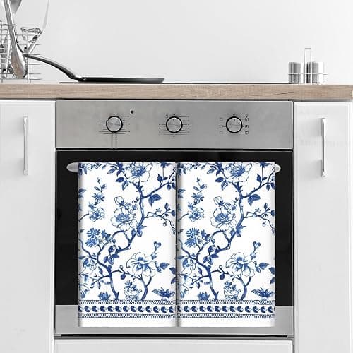 HunnmingRe 2 Pcs Chinoiserie Floral Kitchen Towels Blue White Flowers Dish Towels 18 x 28 Inch Vintage Farmhouse Cottage Decor Toile De Jouy Dish Microfiber Hand Drying for Bathroom French Country thumbnail 5