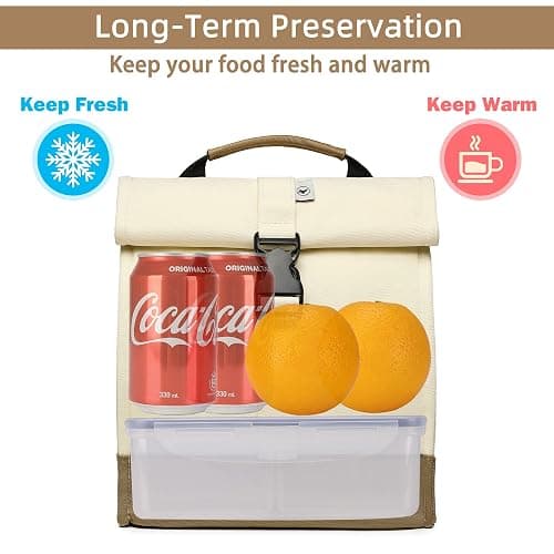 SUNNY BIRD Insulated Lunch Bag Rolltop Lunch Box Medium Lunch Cooler Tote for Women, Girls, Teens and Adults (White) thumbnail 3