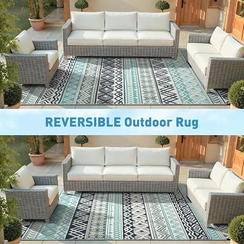 MontVoo Outdoor Rug Carpet Waterproof-Patio Rug Mat 5x8 Reversible RV Outdoor Camping Rugs Picnic Beach Mats Plastic Straw Outside Rugs for Balcony Porch Pool Deck Boho Patio Decor thumbnail 7