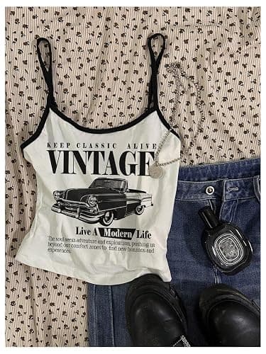 RoseSeek Women's Graphic Tank Tops Vintage Scoop Neck Spaghetti Strap Cropped Camisole Top Tiny Slim Fit Summer Clothes thumbnail 5