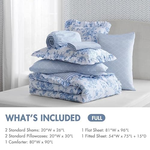 Madison Park Essentials Adele Blue Floral Full Size Comforter Set – Vintage Bed in a Bag with Sheets, Reversible Ruffle Bedding, Elegant Gift for Her thumbnail 6