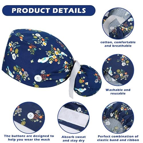 Honoson 6 Pcs Scrub Caps Women Nursing Hats with Buttons Adjustable Bouffant Nurse Hats Ponytail Holder Bouffant Turban - Fresh Patterns thumbnail 4