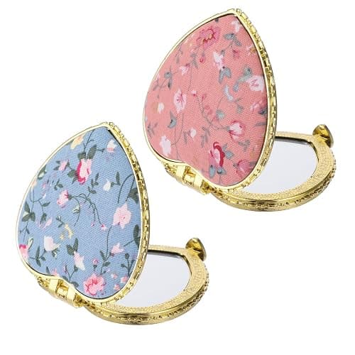 YUXIANLB 2 Pcs Compact Mirror for Purse, Vintage Double-Sided Flower Makeup Mirrors Portable Trave Cosmetic Mirror for Women Girls, Heart Folding Mini Handheld Mirror for Pocket (Pink, Blue) - Pink, Blue - Image 1