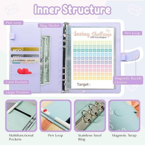 Axolotl 100 Envelopes Money Saving Challenge Binder, A5 Savings Budget Challenges Binders with Cash Envelopes, 100 Days Envelope Saving Binder Book, Budget Planner (Matt Purple) thumbnail 3