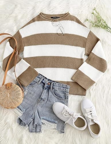 ZESICA Women's 2025 Fall Long Sleeve Oversized Striped Color Block Comfy Loose Crew Neck Knitted Pullover Sweater thumbnail 5