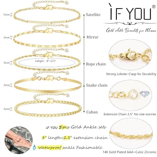 iF YOU Gold Ankle Bracelets for Women, 14k Gold Plated Waterproof Cuban Link Chain Anklets Set, Layered Anklet Bracelets for Women Beach Gift Adjustable Size 5pc thumbnail 4