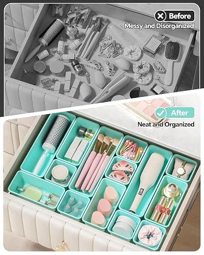 Canfanni 13 Pack Plastic Drawer Organizers Set, 3 Sizes Desk Drawer Organizer Trays for Vanity and Makeup Organizer, Organization and Storage for Makeup, Kitchen Utensils, Bathroom and Office(Blue) thumbnail 5