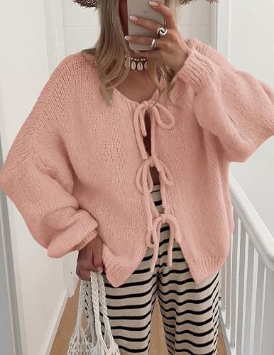 PRETTYGARDEN Women's Tie Front Bow Cardigan Sweaters Chunky Knit Long Puff Sleeve Trendy Fall Winter Jacket Coats thumbnail 6
