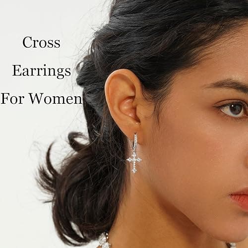 JINAO Cross Hoop Dangle Earrings for Men Women | 14K Gold Silver Plated, 5A+ Cubic Zirconia, Hypoallergenic 925 Sterling Silver Post, Religious Christian Jewelry thumbnail 3