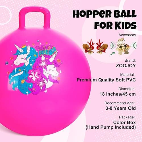 ZOOJOY Hopper Ball, Pink Bouncy Balls for Kids, 18 Inch Sit on Jumping Toys with Handle for Girls Gift Aged 3-8, Inflatable Unicorn Bounce Hopper Balls Toy with Pump thumbnail 3