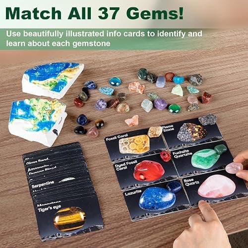 Gemstones Dig Kit for Kids – Excavate 37 Rocks & Crystals, STEM Science Kit with Info Cards & Display Stand – World Map Gem Digging Kit, Rock Collection Gift Educational Geology Gift for Boys & Girls thumbnail 3