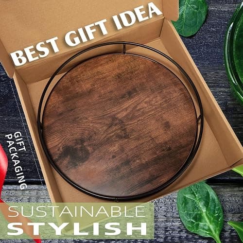 12 Inch Wood Lazy Susan, Rustic Brown Turntable Organizer with Steel Frame, 360 Degree Decorative Turntable for Countertop or Centerpieces thumbnail 4
