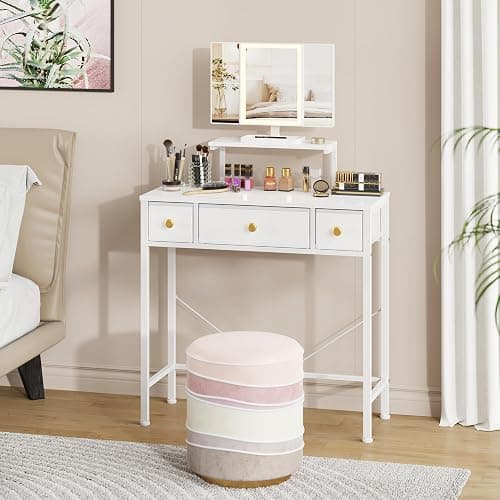HIGDBFE Vanity Desk with Mirror & Lights and 3 Fabric Drawers, Makeup Vanity Table with Adjustable Stand, Dressing Vanity Table for Bedroom, Computer Desk for Small Spaces, 27.5''W, White thumbnail 2