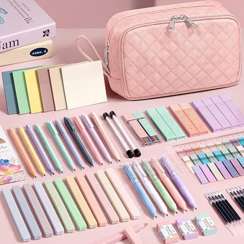 62PCS Aesthetic School Supplies with Cute Pencil Case, Pastel Highlighters Black Ink Gel Pens Mechanical Pencils Kit, Back to School Supplies College Essentials Preppy Stationary Set for Student Girls - Pink thumbnail 2