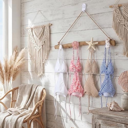 Gerrii 16 Inch Seashell Bikini Rack Driftwood Wall Mounted Hook Swimsuit Organizer Coastal Wooden Coat Rack for Summer Ocean Theme Beach Bathroom House Decor Swimming Pool(Classic) thumbnail 5
