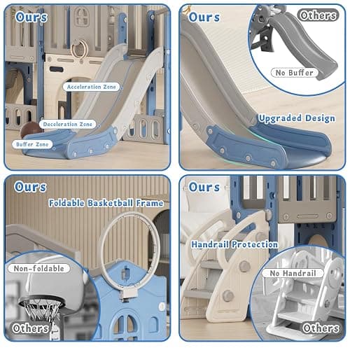 8 in 1 Toddler Slide Set, Kids Slide for Toddlers Age 1-3, Toddler Climber Slide PlaySet with Basketball Hoop and Ball, Outdoor Indoor Kids Playground for Toddlers 1-3, Blue Grey thumbnail 6
