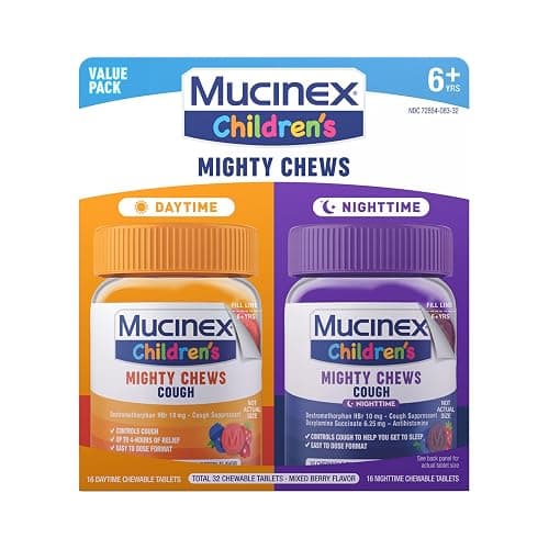 Mucinex Children's Mighty Chews Kids Cough Medicine Daytime And Nighttime Value Pack, Easy to Dose Cough Suppressant For Kids with Dextromethorphan, Mixed Berry Flavor, 32 Medicated Chewable Tablets thumbnail 11