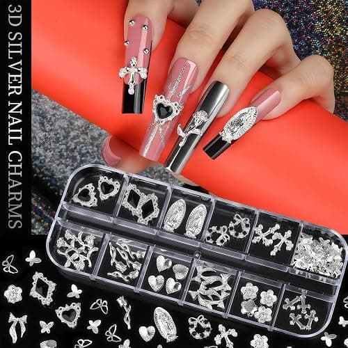 Vesavifaka Silberne Nail Charms Strasssteine Set, 4 Boxen Nagelsteine Silberne Strasssteine für Nägel, 3D Y2K Accessoires Nageldekoration, Kreuz Charms für Nageldesign Sterne, Nagelkunst thumbnail 7
