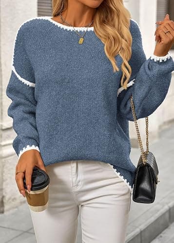 KIRUNDO Womens Sweaters 2025 Fall Oversized Long Sleeve Chunky Knit Crew Neck Contrast Stitching Pullover Winter Clothes thumbnail 4