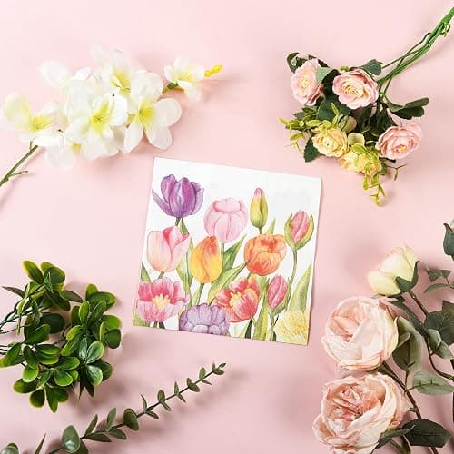 100 Spring Flowers Luncheon Napkins Watercolor Tulip Paper Hand Napkins 6.5 Inch Floral Garden Party Beverage Napkins for Baby Shower Wedding Easter Party Supplies thumbnail 5