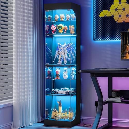Display Cabinets with Glass Door and Colorful Lights , 4 Tiers, Black | Glass Display Intelligent Human Sensor, Display Case Bookcase for Living Room, Bedroom, for Collectibles Trophy - Image 1