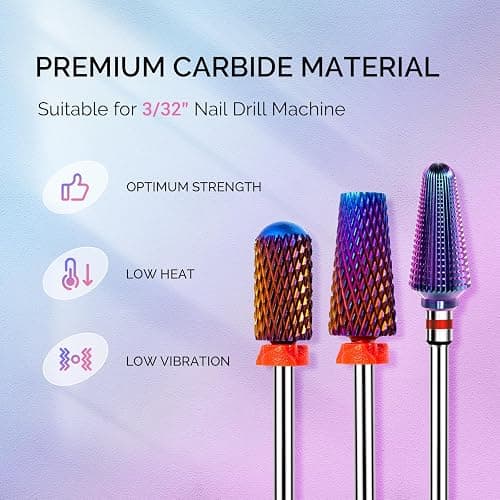 MelodySusie 3Pcs Nail Drill Bits Set, 3/32'' Carbide Tungsten Bits, 5 in 1, Smooth Round Top Large Barrel and Tornado Bits, Suitable for Manicure Pedicure Cuticle Gel Acrylic Remover, Purple thumbnail 2