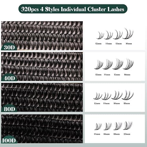 Lash Clusters 320PCS 12-20MM 30D+40D+80D+100D DIY Eyelash Extensions Kit Natural Individual Lashes Thick Volume Eyelash Clusters D Curly Lash Extension kit with Bond + Seal + Remover + Tweezers-4 thumbnail 5