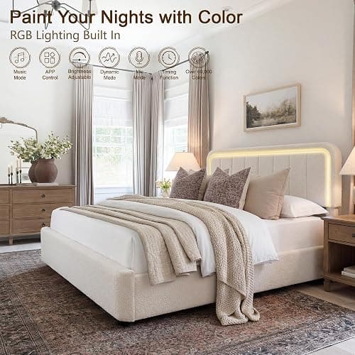 Brafab King Bed Frame, Storage Bed Frame King Size with Adjustable Headboard, Cloud Boucle Upholstered Platform Bed with LED Light, Soft Rounded Corners, No Box Spring Required, Easy Assembly, Beige thumbnail 4