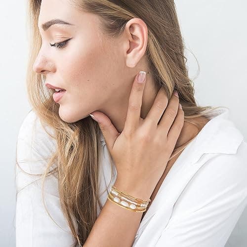 DiSiTino Gold Plated Beaded Bracelets for Women Stackable Set, Elegant Delicate Paperclip Link Stretch Chain Summer Bracelet Dainty Trendy Pearl Jewelry Birthday Gift thumbnail 3