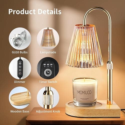 MOMIUCO Candle Warmer Lamp with Timer Dimmer, Electric Candle Warmer, Bedroom Home Decor, Adjustable Height, Wax Melt Warmer with 2 Bulbs for Jar Candles thumbnail 3