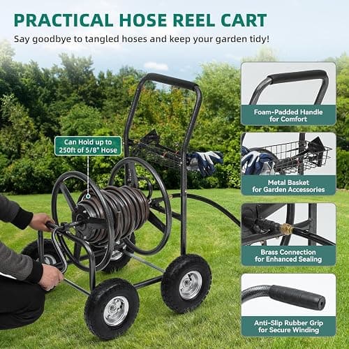 Autodaya 250FT Garden Hose Reel Cart with 10" Pneumatic Tires, Heavy-Duty Steel Frame for Tangle-Free Water Hose Storage, Easy-Rolling Lawn & Yard Hose Holder thumbnail 4