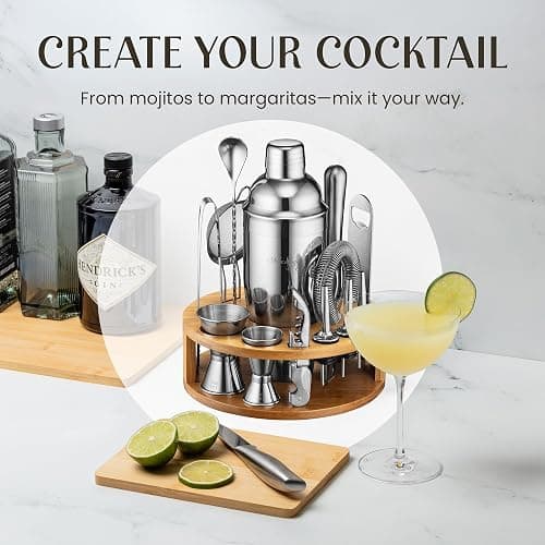 Mixology & Craft Bartender Kit – 15 Piece Cocktail Shaker Set with Bamboo Stand | Complete Cocktail Kit Gift Set | Top Bartender Gifts for Men & Women | Exclusive Recipe Cards (Silver) thumbnail 4