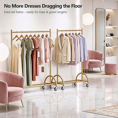 MISSLO Heavy Duty Clothing Rack with Wheels Rolling Clothes Racks for Hanging Clothes, Coats, Garment, Dress, Gold, 30" W thumbnail 8