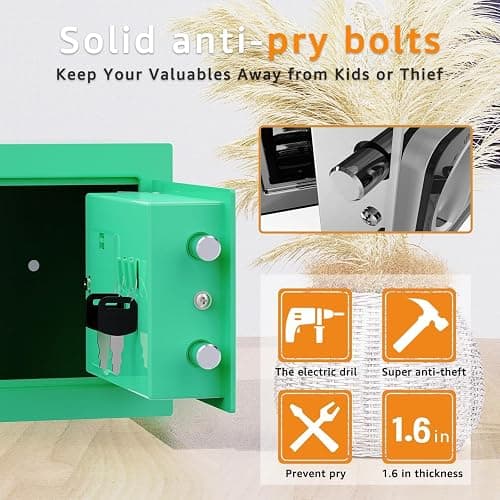 PATRON small safe box with key，mini safe for money，small coin safes for home with code，little jewelry lock box for kids，Wall or Cabinet Safe for personal items，0.236 Cubic Feet Green thumbnail 8