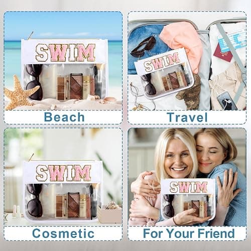 Swim Pouch Bag Clear Makeup Bags with Zipper Preppy Chenille Letter Patch Cosmetic Bag Beach Pool Zipper Pouch Summer Organizer Toiletry Bag for Women Girl Gifts thumbnail 7