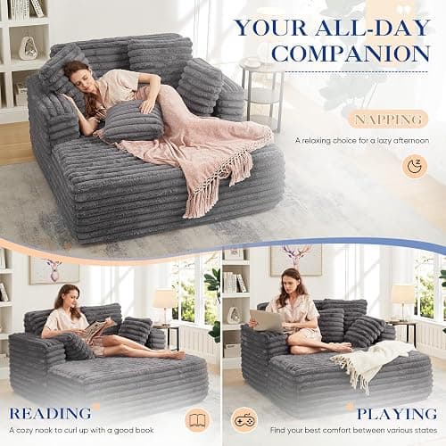 Oversized Chaise Lounge Indoor, Modern Plush Faux Fur Fabric Deep Seat Boneless Memory Foam Sleeper Chaise Lounge Sofa Chair with Pillows for Living Room Bedroom Studio, No Assembly Couch, Grey thumbnail 3