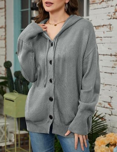 Women's Casual Cardigan V Neck Button Down Hooded Sweaters Long Sleeve Hoodies Outfits - X-Large - Grey thumbnail 4