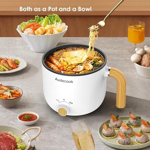 Audecook Hot Pot Electric with Steamer, 1.5L Portable Nonstick Rapid Noodles Cooker, Travel Electric Skillet with Dual Power Control for Ramen/Pasta/Soup/Steak/Egg/Oatmeal (White) thumbnail 2