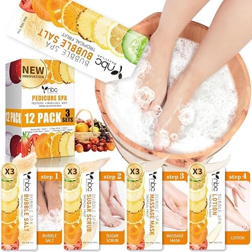 nbc BeautiLab Pedicure Kit Foot Soak Set: Bubble Salt, Sugar Scrub, Massage Mask, Massage Lotion in a Box, 4 Step Foot Spa Kit for Dry Feet,Tired Feet（3 Set Tropical Fruit) - Image 1