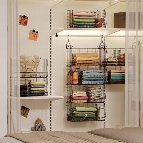 Jautokerdar 4 Tier Hanging Closet Organizer with Dividers,Extra Large Storage Hanging Shelf with 5 S Hooks 4 Dividers,Hang on Wire Closet Shelving Clothes Organizer-Black thumbnail 2