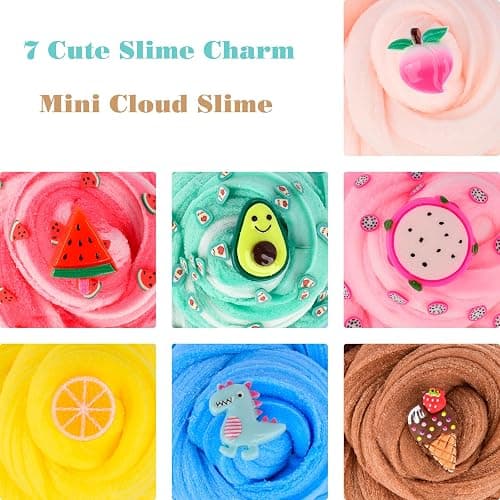 7 Pack Mini Cloud Slime Kit,With Peach Watermelon Avocado Dinosaur Slimes Charms Set,Fluffy Slime for Girls and Boys,Stress Relief Toy for Kids Education,Party Favor,Gift and Birthday thumbnail 3