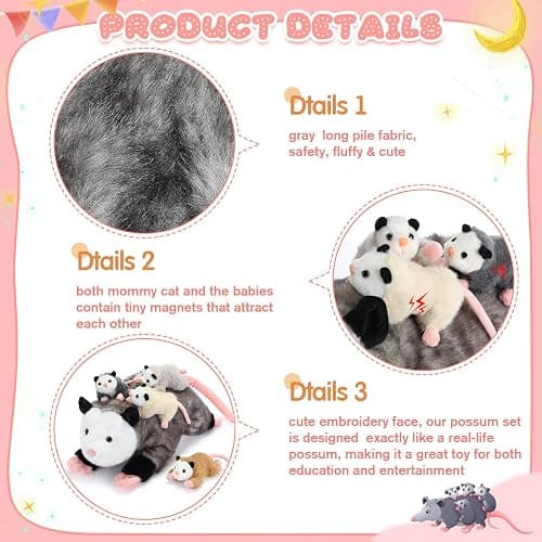 Hollowfly 5 Pcs Stuffed Opossum Mommy Possum Plush with 4 Baby Opossums Stuffed Toy on Her Back, Magnetic Attraction Cotton Plush Animal Toy Gift for Boys Girls Possum Lover(Cute) thumbnail 4